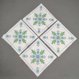 Vintage Embroidered Tea Towel Set (4) Blue White Floral Unfinished Linens 12x26